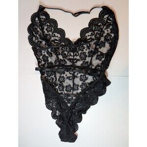 Women's Black Lace Deep V Lingerie Bodysuit Size Medium Sexy Sheer One Piece